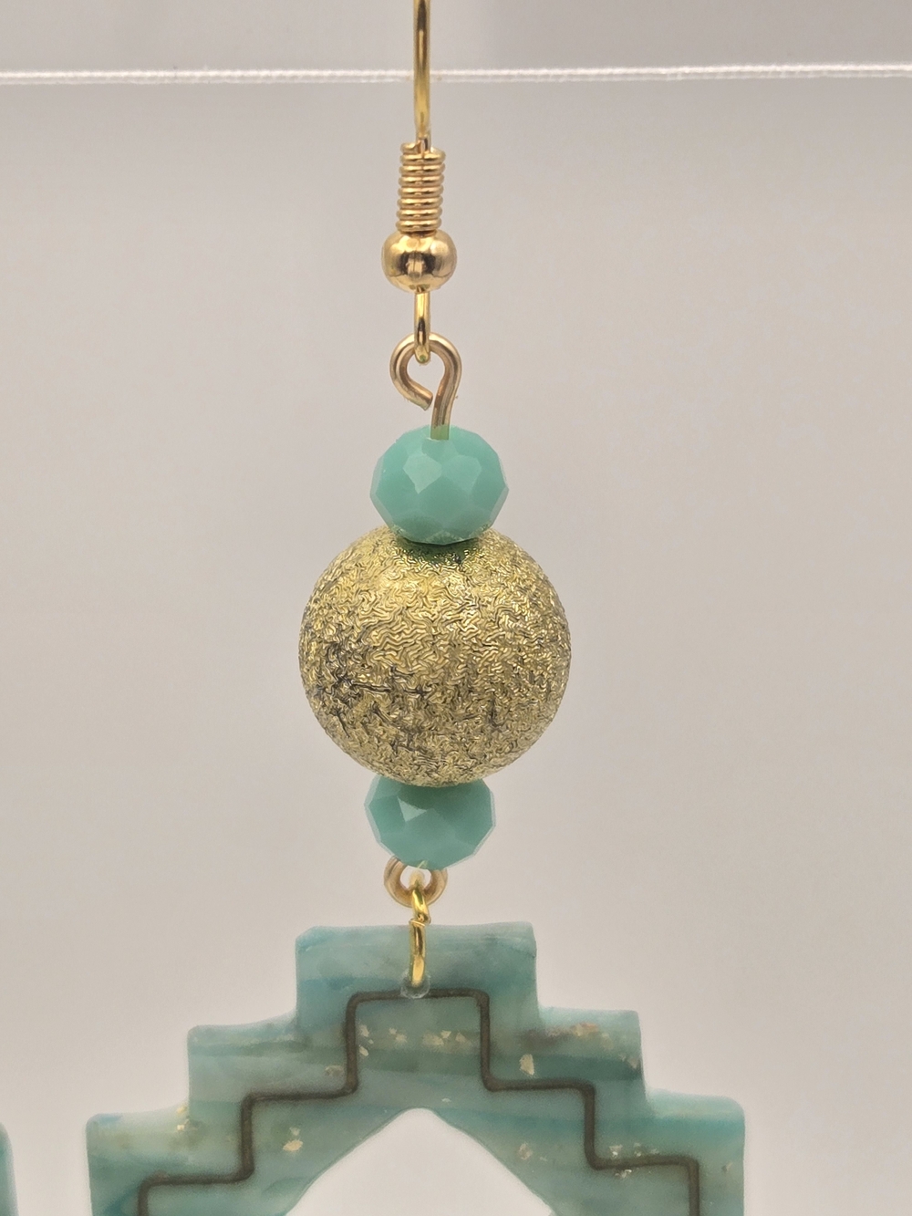 #B481- Gold and Turquoise Clay Drop Earrings - Women Jewelry - Picture 3 of 4